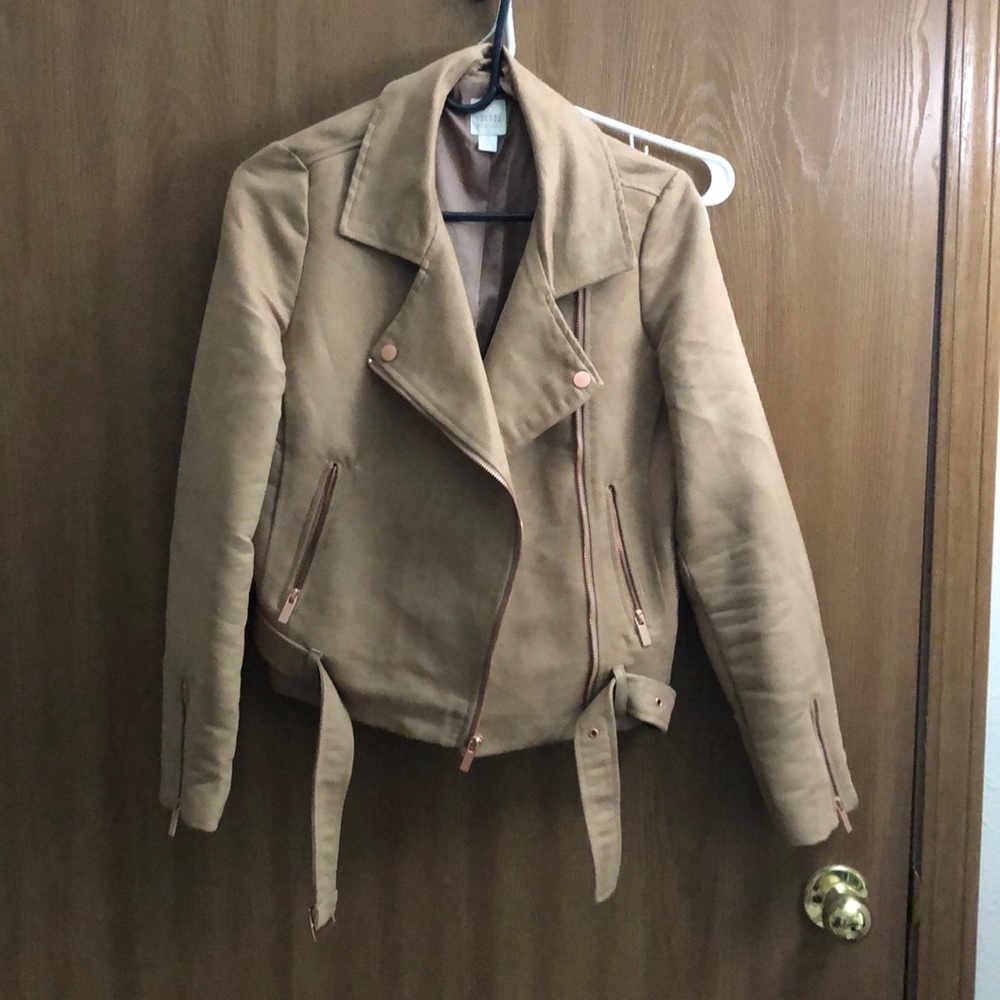 Tan suede jacket with rose gold details